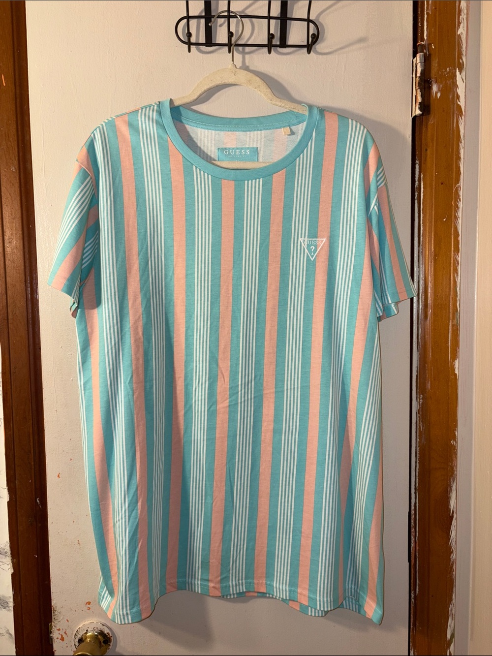 GUESS Men’s Vertical Stripe Crew Tee in Aqua & Peach